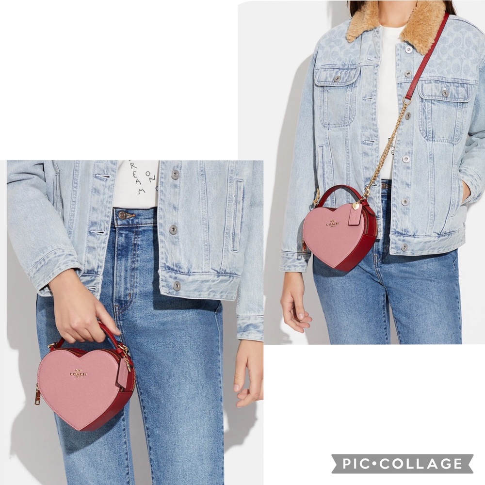 NWT COACH HEART CROSSBODY IN COLORBLOCK LEATHER TOP HANDLE GOLD/TRUE PINK - Picture 6 of 14